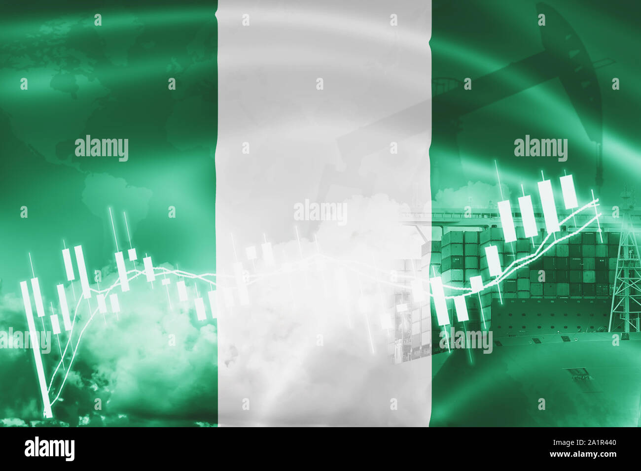 Nigéria drapeau, bourse d'échange, l'économie et du commerce, la production de pétrole, porte-conteneurs dans des affaires d'exportation et d'importation et de la logistique. Banque D'Images