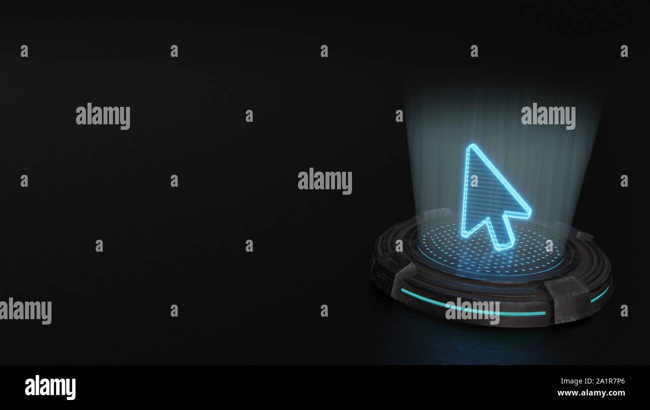 Rayures bleu laser numérique hologramme 3d symbole de flèche de la souris sur le rendu vieux métal fond pavé sci-fi Banque D'Images