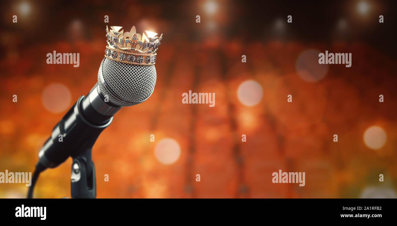 Microphone et roi couronne. Prix de la musique, concert de meilleure chanteuse, roi de pop rock music concept background.. 3d illustration Banque D'Images