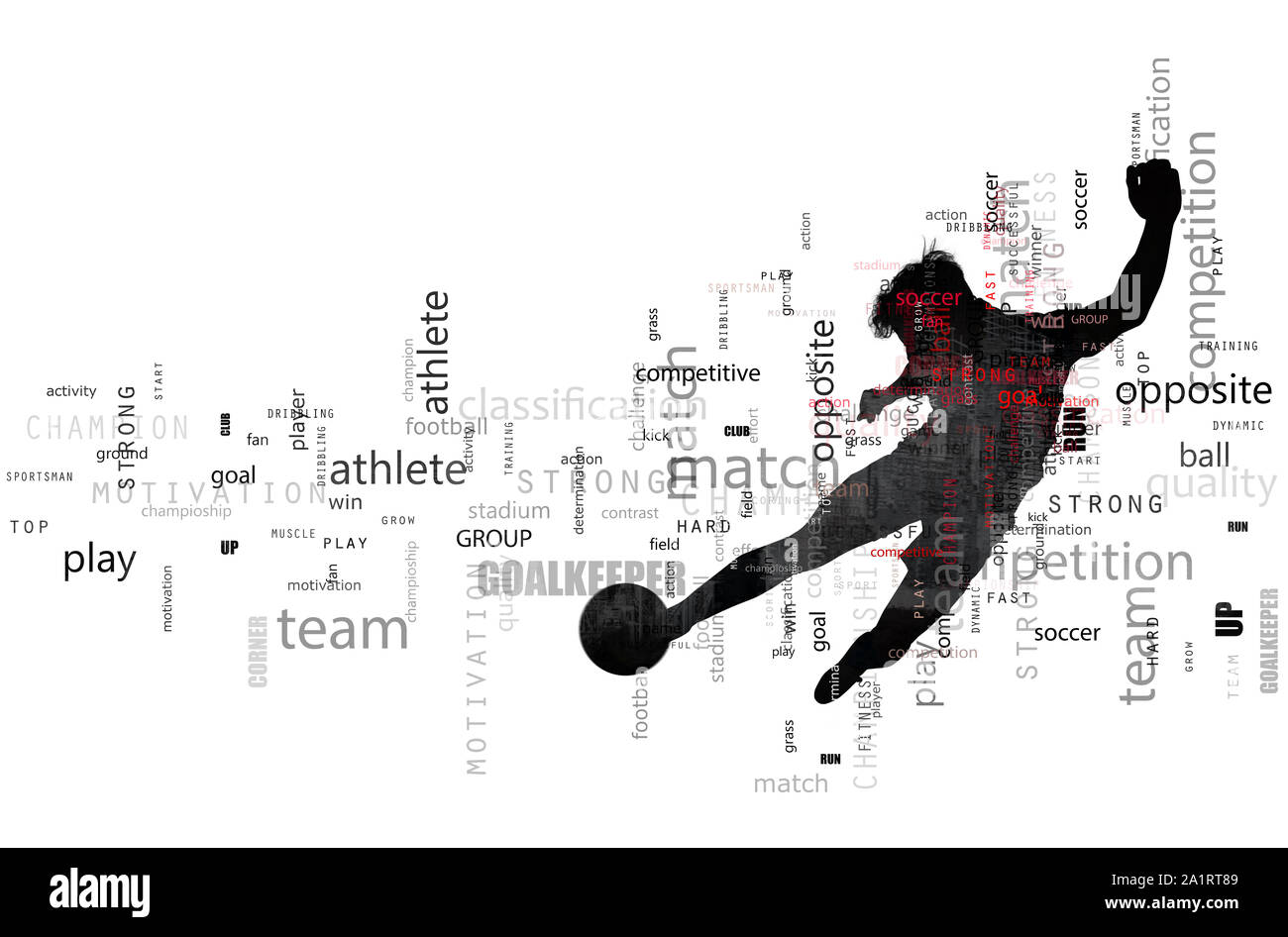 Scène de football d'un joueur de football d'ossature en action. Effet de texte en fond avec le plus utilisé des termes. Abstract background Banque D'Images