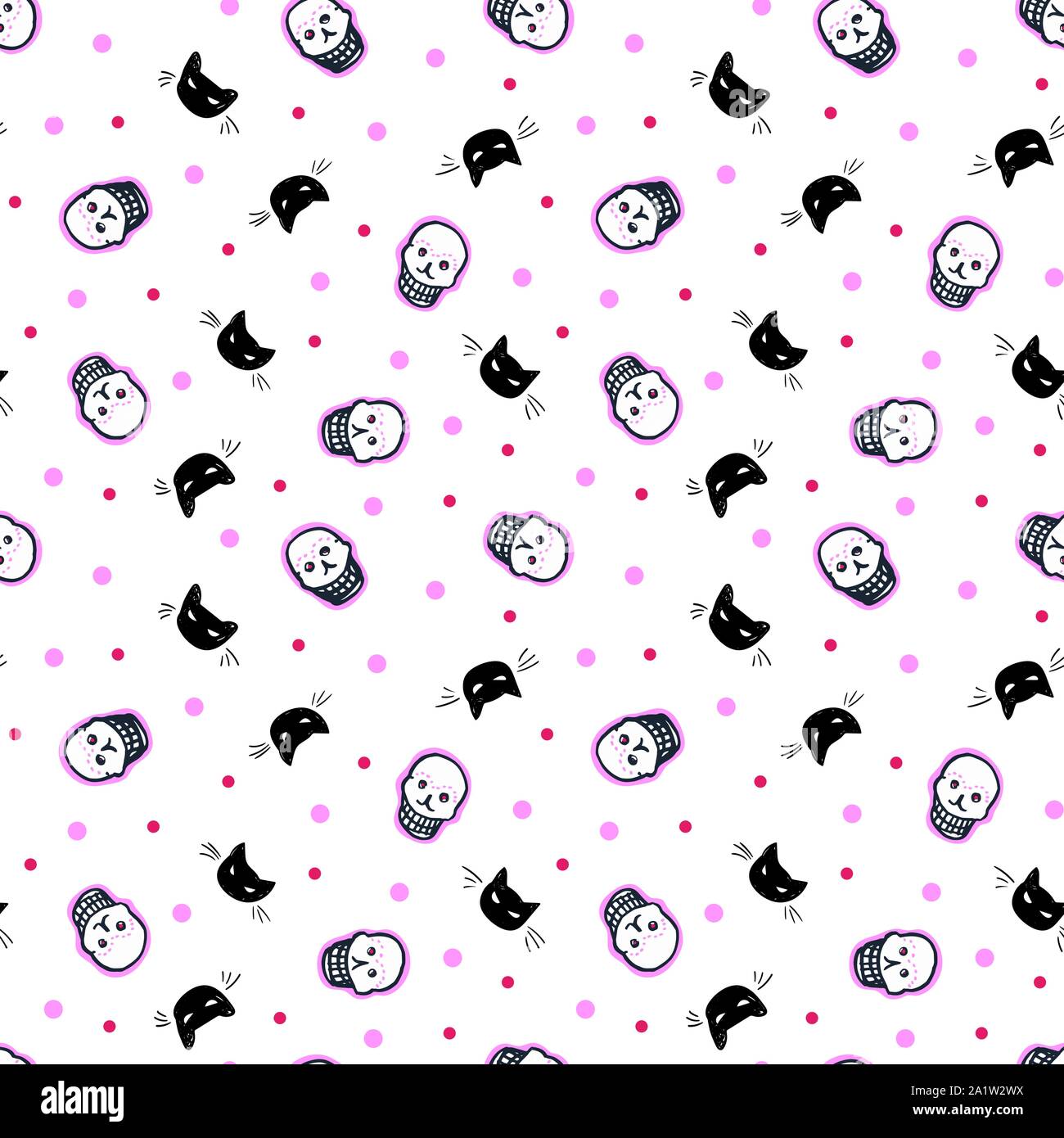 Seamless vector le jour des morts avec motif art populaire hand drawn shugar scull en noir et blanc, cat et point. Drôle et heureux pour votre fête parfaite. Illustration de Vecteur