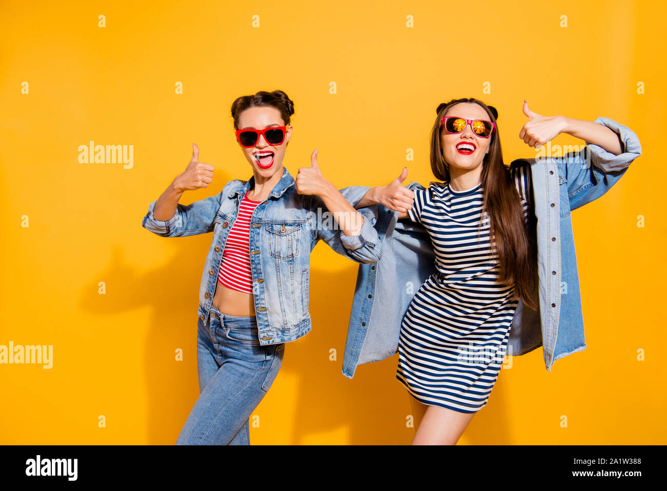La photo en gros plan de deux cheveux de brunette lady lunettes verres stan Banque D'Images