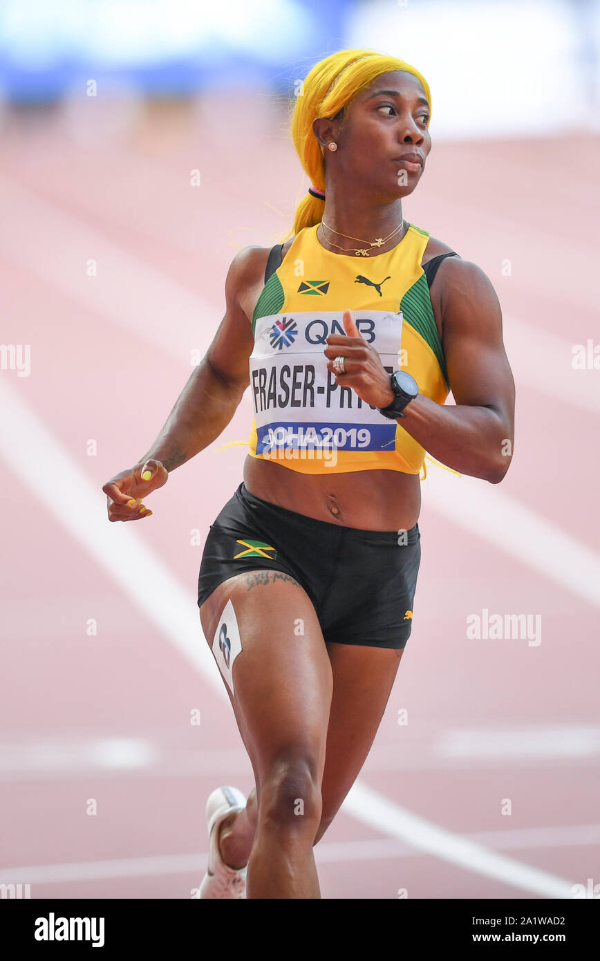 Shelly-Ann Fraser-Pryce (Jamaïque). 100 mètres, ronde 1. Championnats du monde d'athlétisme de l'IAAF, Doha 2019 Banque D'Images