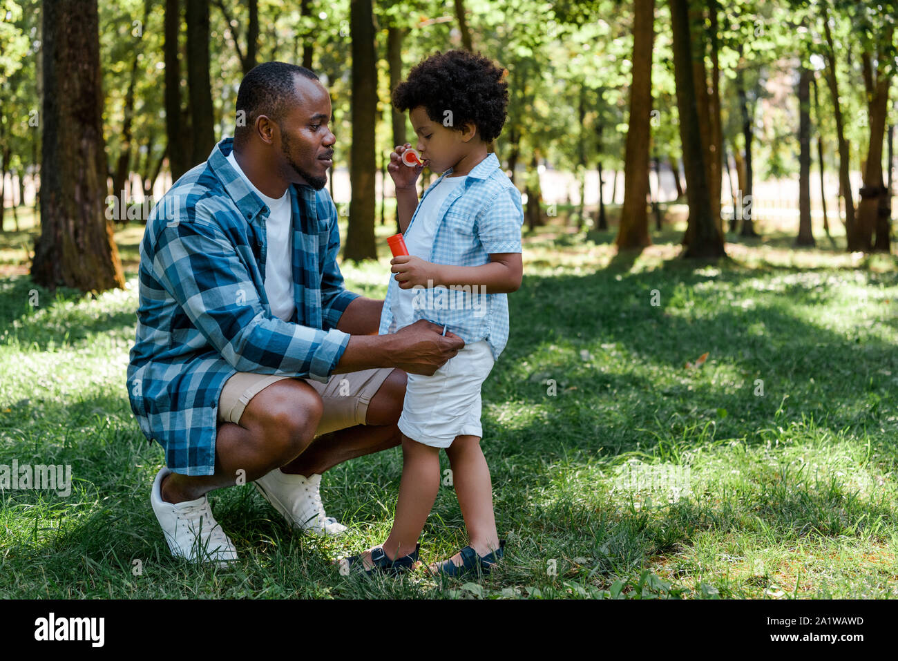 Handsome african american father assis près de mignon fils blowing soap bubble Banque D'Images
