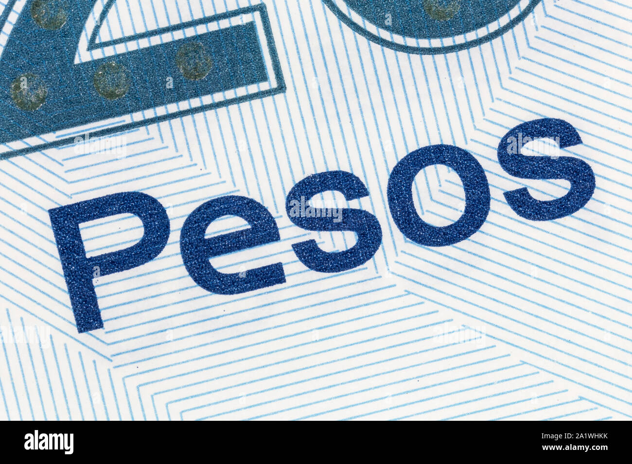 Macro close up detail du mot Pesos sur devise mexicaine. Banque D'Images