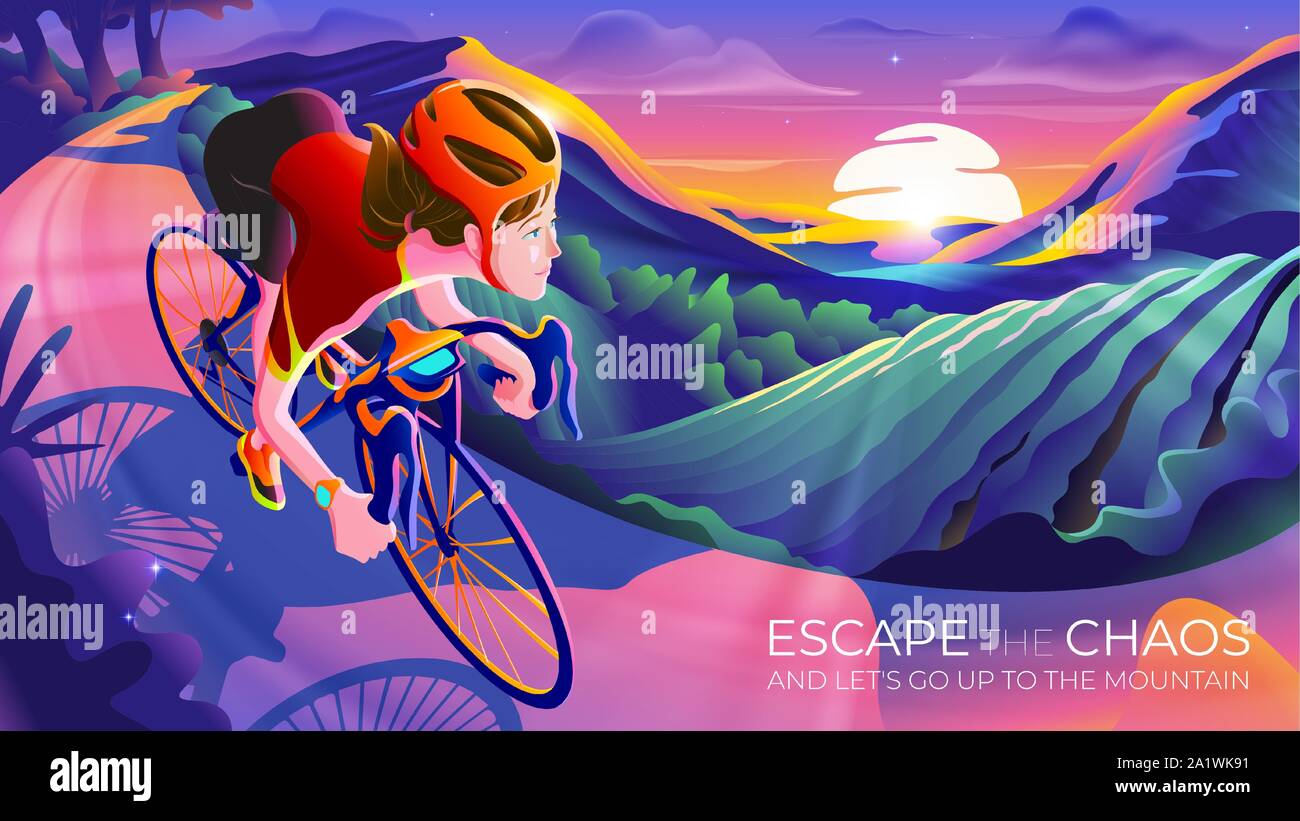 Une illustration d'une femme de rouler à vélo jusqu'à la montagne avec le lever du soleil à l'horizon. Échapper au chaos. Illustration de Vecteur