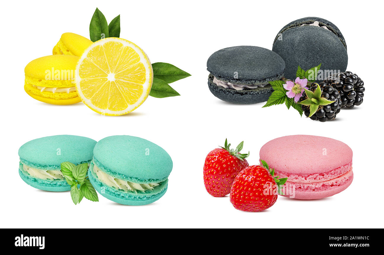 Macarons,menthe citron,blackberry et strawberry isolated on white Banque D'Images