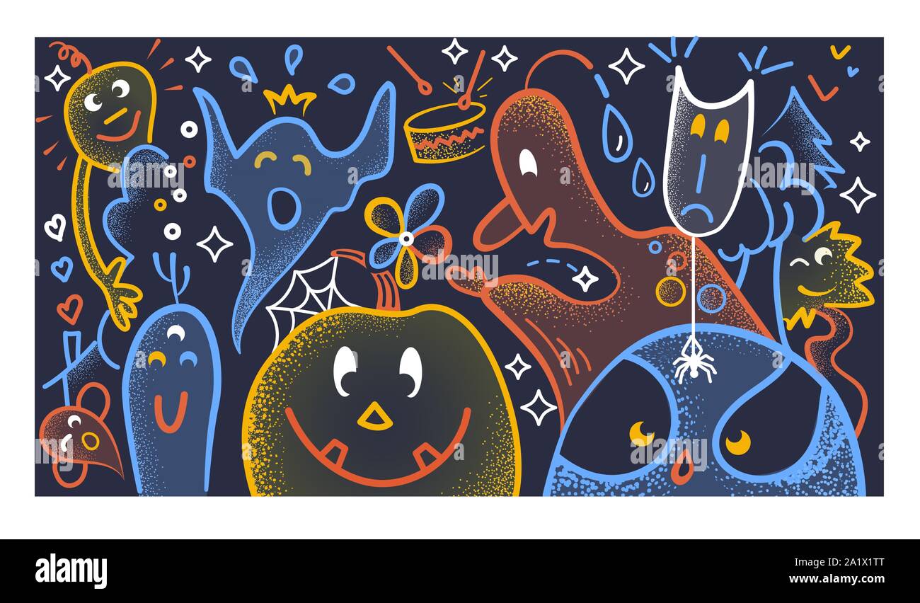 Arrière-plan avec funny cartoon halloween fantômes et de monstres en style linéaire Illustration de Vecteur