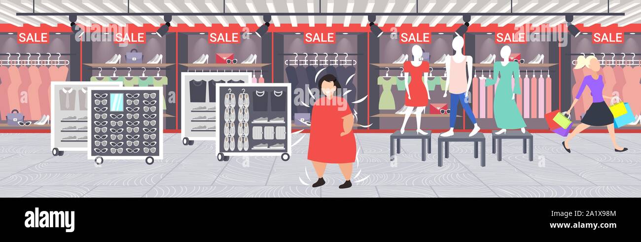 Femme obèse gras choisir nouvelle robe dans mode shop girl taille sur les vêtements féminins en obésité centre commercial marché concept boutique décor Illustration de Vecteur