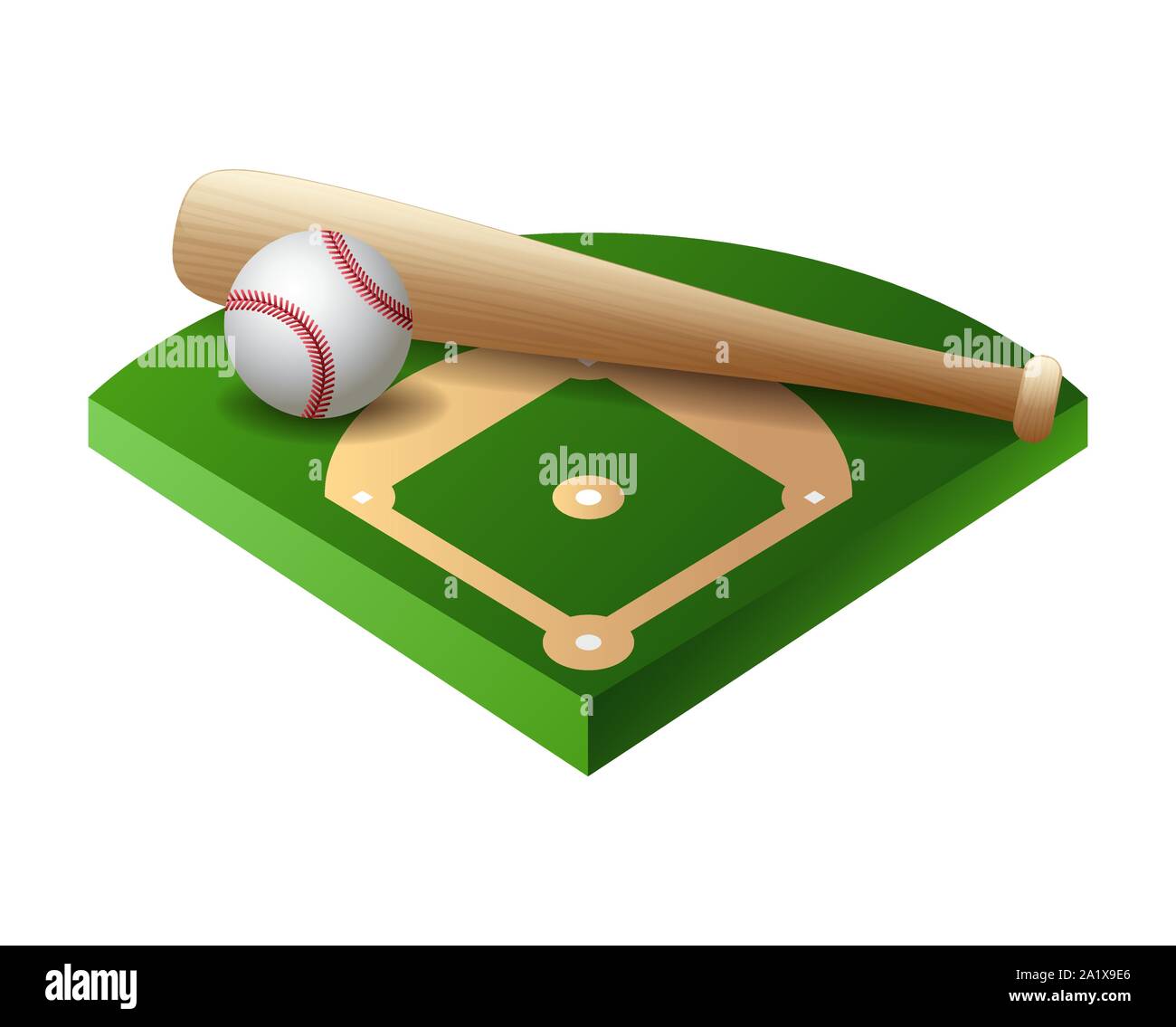 Baseball base 3d, partie de terrain avec bat and ball Illustration de Vecteur