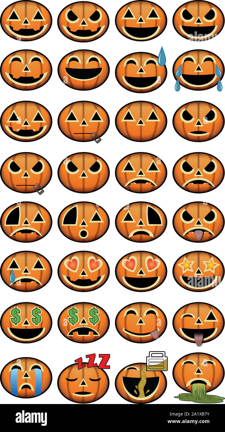 Trente-deux icônes emoji jackolantern citrouille Halloween sur les médias sociaux Banque D'Images