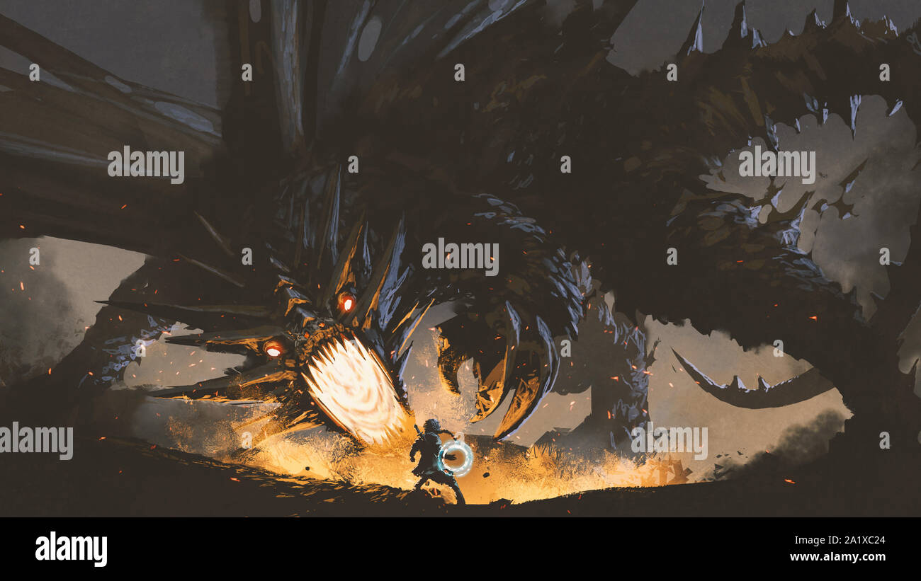 Fantasy scène montrant la jeune fille lutte contre le dragon de feu, style art numérique, illustration peinture Banque D'Images