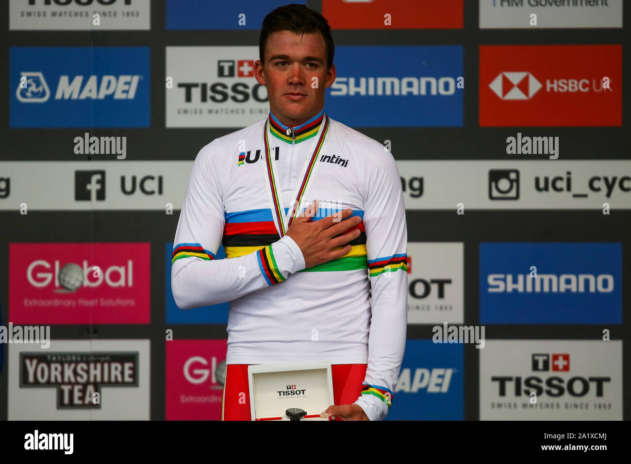 Harrogate, Royaume-Uni. 29 septembre 2019. Mads Pedersen du Danemark prend l'or dans les Championnats du Monde Route UCI 2019 Mens Elite course sur route. 29 septembre 2019 Dan-Cooke Crédit/Alamy Live News Banque D'Images