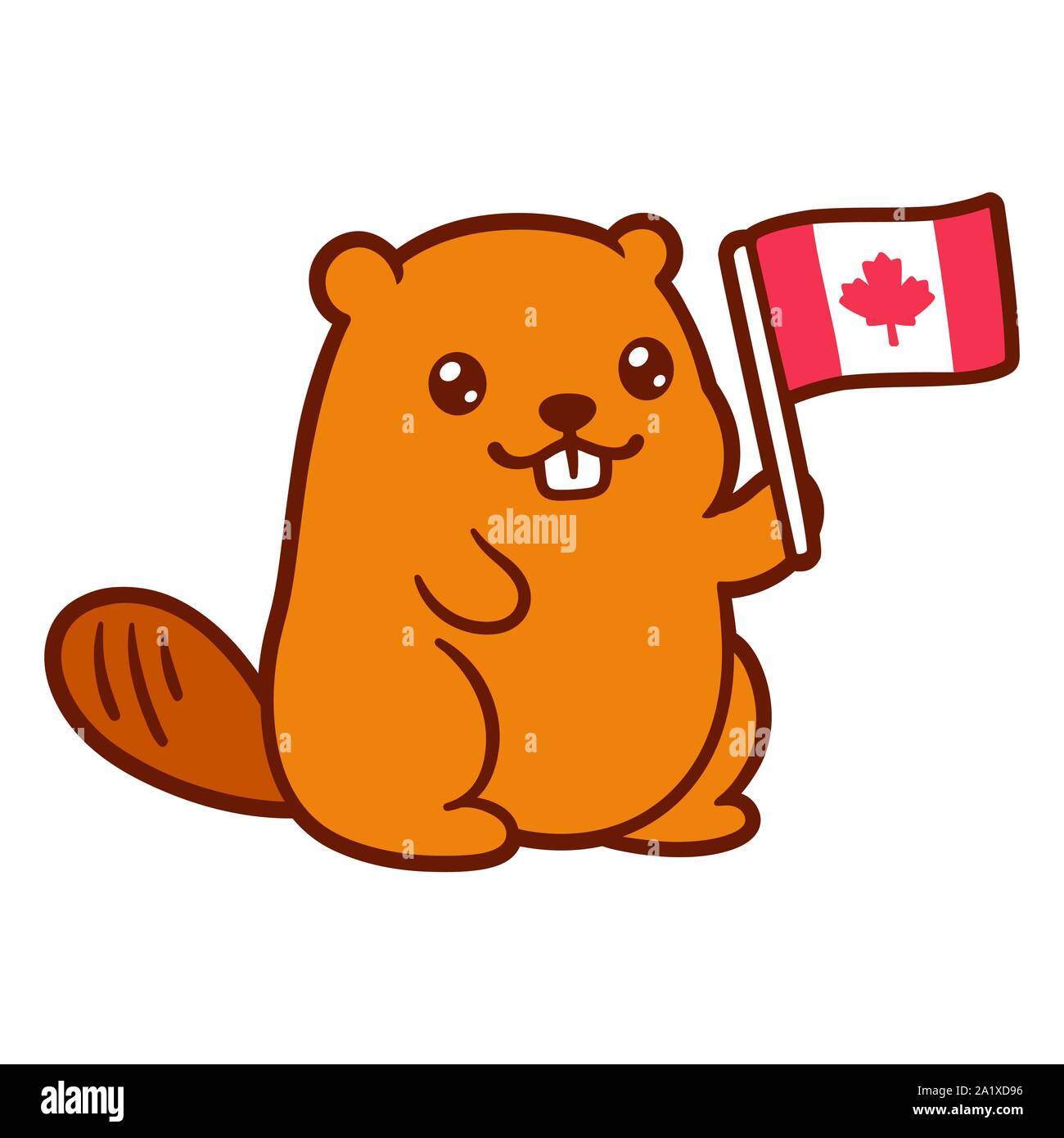 Cute cartoon castor tenant un drapeau canadien, Bonne fête du Canada l'illustration. Caractère isolé vector clip art dessin. Illustration de Vecteur