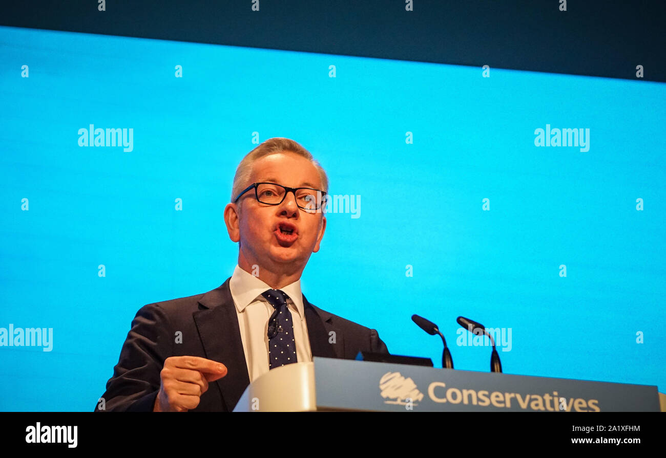 Manchester, UK. 29 septembre 2019. Chancelier du duché de Lancaster Michael Gove parle aux délégués le premier jour au congrès du parti conservateur à la Manchester Central Convention Complex. Photo par Ioannis (Alexopolos / Alamy Live News). Banque D'Images