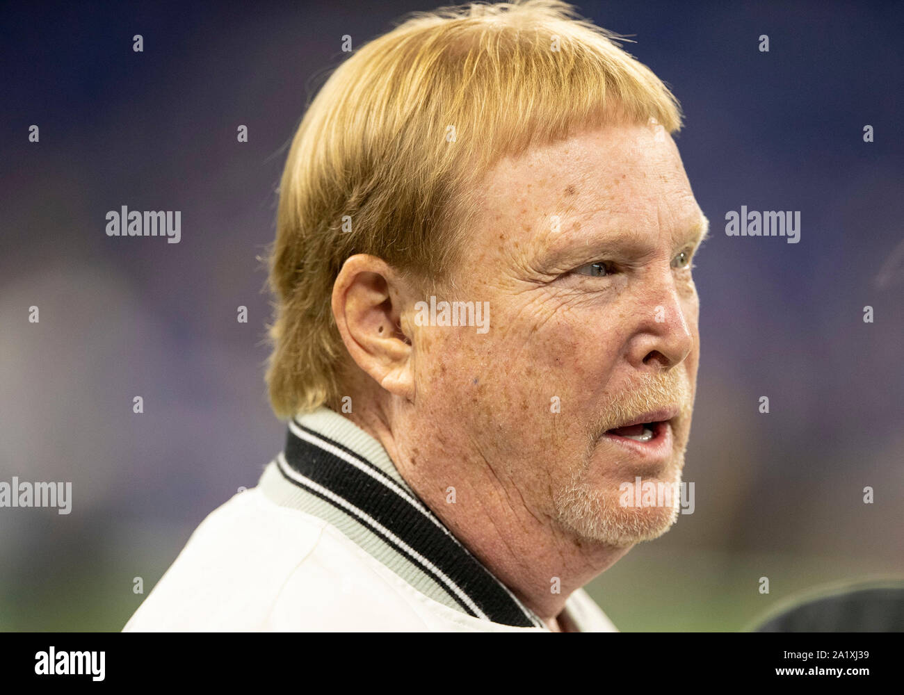 Indianapolis, Indiana, USA. Sep 29, 2019. Oakland Raiders propriétaire principal et associé directeur général Mark Davis au cours de jeu de football américain NFL arborant l'action entre les Oakland Raiders et les Indianapolis Colts au Lucas Oil Stadium à Indianapolis, Indiana. John Mersits/CSM/Alamy Live News Banque D'Images