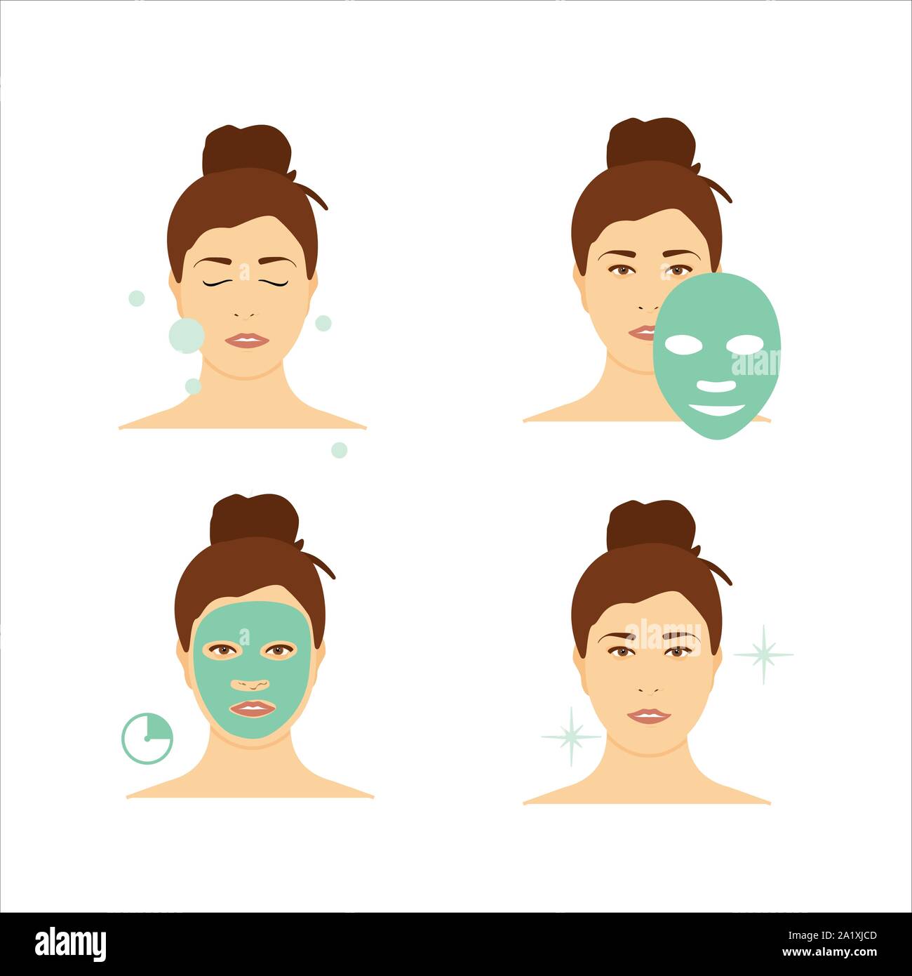 Étapes comment appliquer le masque du visage. Beauty fashion girl appliquer masque facial. Illustration de Vecteur