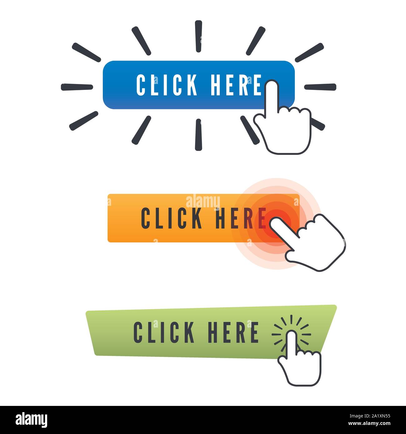 Curseur main sur le bouton avec le texte cliquez ici. Ensemble de boutons différents. Icônes Web élément. Vector illustration isolé sur fond blanc Illustration de Vecteur