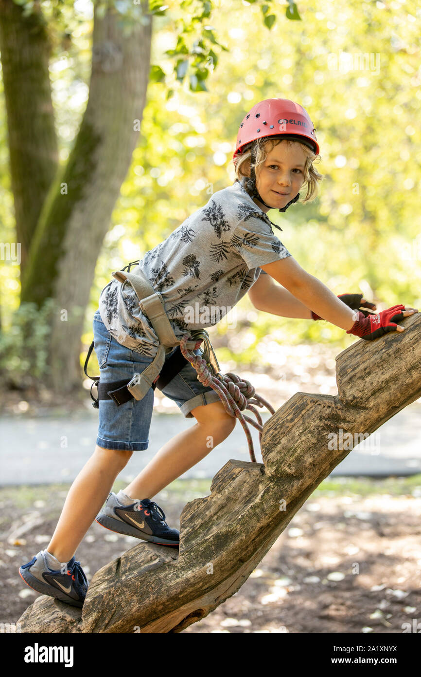 Jardin d'escalade, randonnées cours, garçon, 9 ans, avec casque et harnais, sur un parcours dans une forêt, Banque D'Images