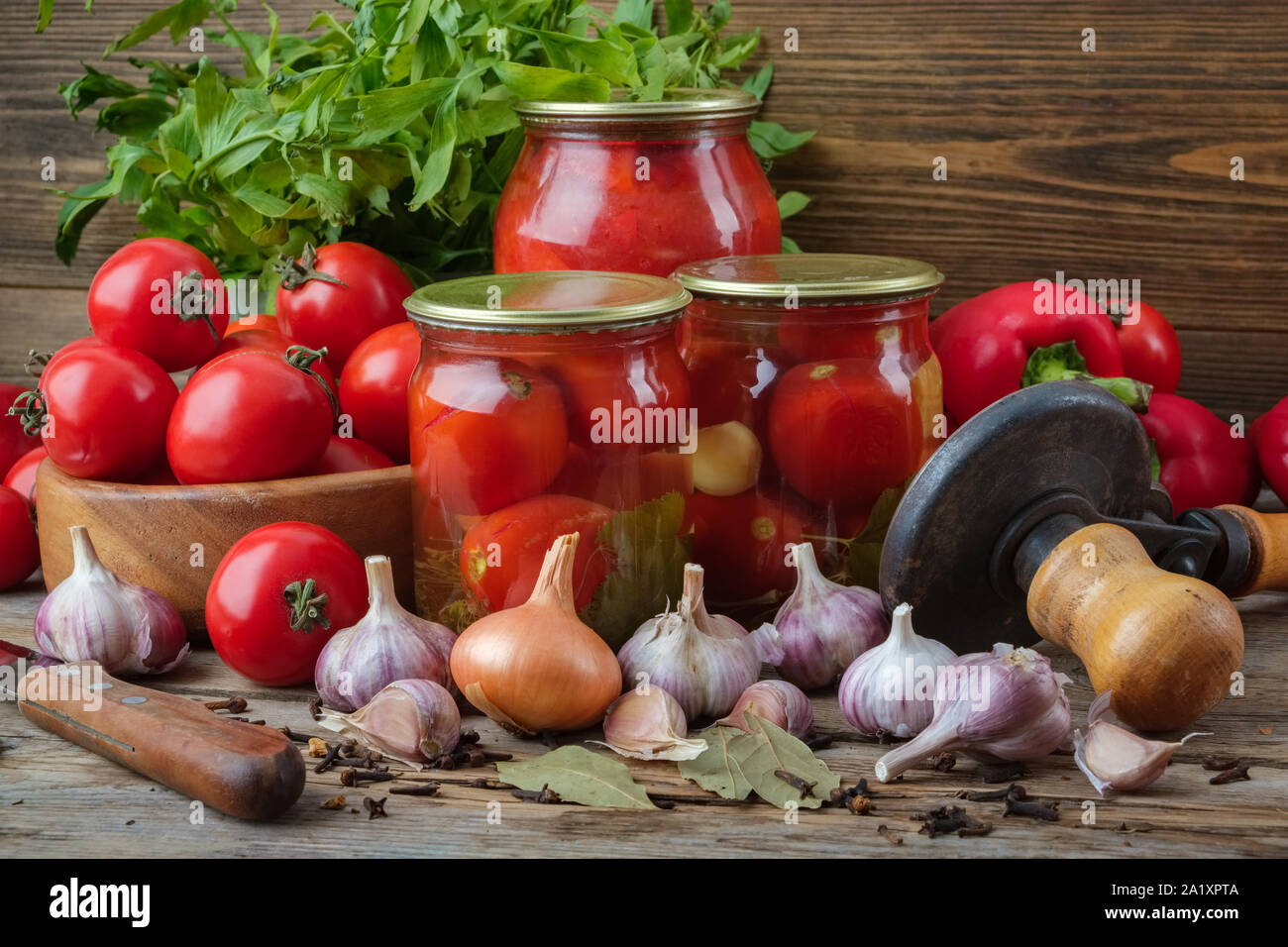 Cornichons frais et tomates mûres et poivrons rouges. Bocaux de conserves de légumes. Commenter la vie légumes maison encore. Banque D'Images