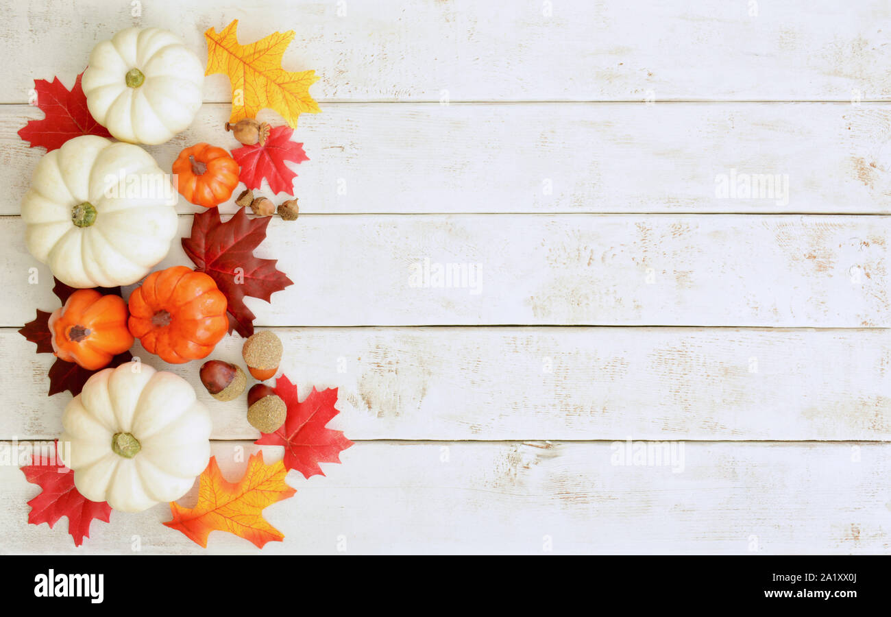 Citrouilles ornementales vives et de feuilles dans un affichage d'automne sur fond de bois rustique. Format horizontal avec de la place pour votre texte. Banque D'Images
