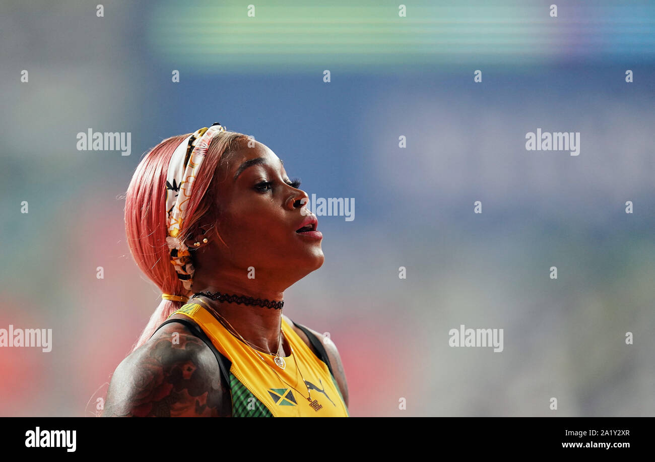 Doha, Qatar. Sep 29, 2019. Elaine Thompson de la Jamaïque en compétition dans le 100 mètres pour les femmes au cours de la 17e Championnats du monde d'athlétisme IAAF à la Khalifa Stadium de Doha, au Qatar. Ulrik Pedersen/CSM/Alamy Live News Banque D'Images