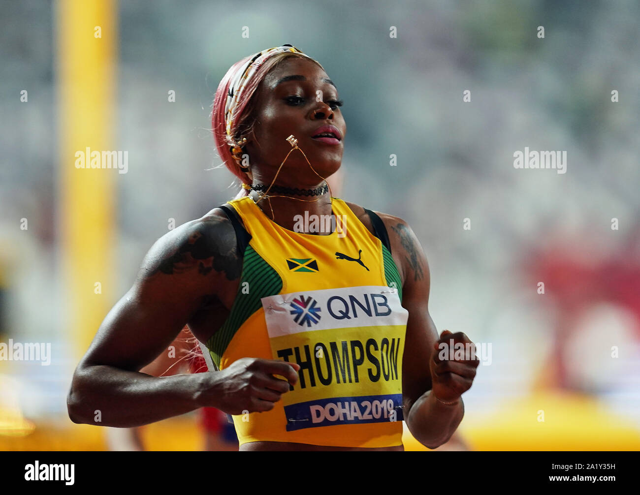 Doha, Qatar. Sep 29, 2019. Elaine Thompson de la Jamaïque en compétition dans le 100 mètres pour les femmes au cours de la 17e Championnats du monde d'athlétisme IAAF à la Khalifa Stadium de Doha, au Qatar. Ulrik Pedersen/CSM/Alamy Live News Banque D'Images