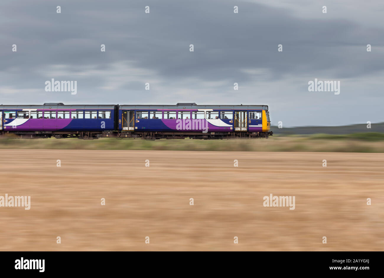 Classe 142 arriva Northern Rail train panoramique stimulateur à la vitesse avec le flou. Banque D'Images