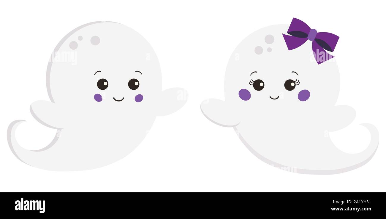 Clipart Vecteur de style plate kawaii cute sweet cartoon garçon et fille avec bow ghost isolé sur fond blanc. Illustration de Vecteur