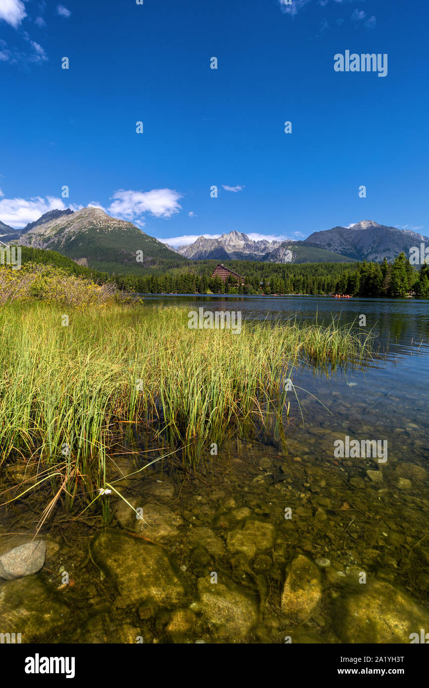 Lac de montagne Strbske Pleso (lac de Štrbské) et du parc national des Hautes Tatras, Slovaquie Banque D'Images