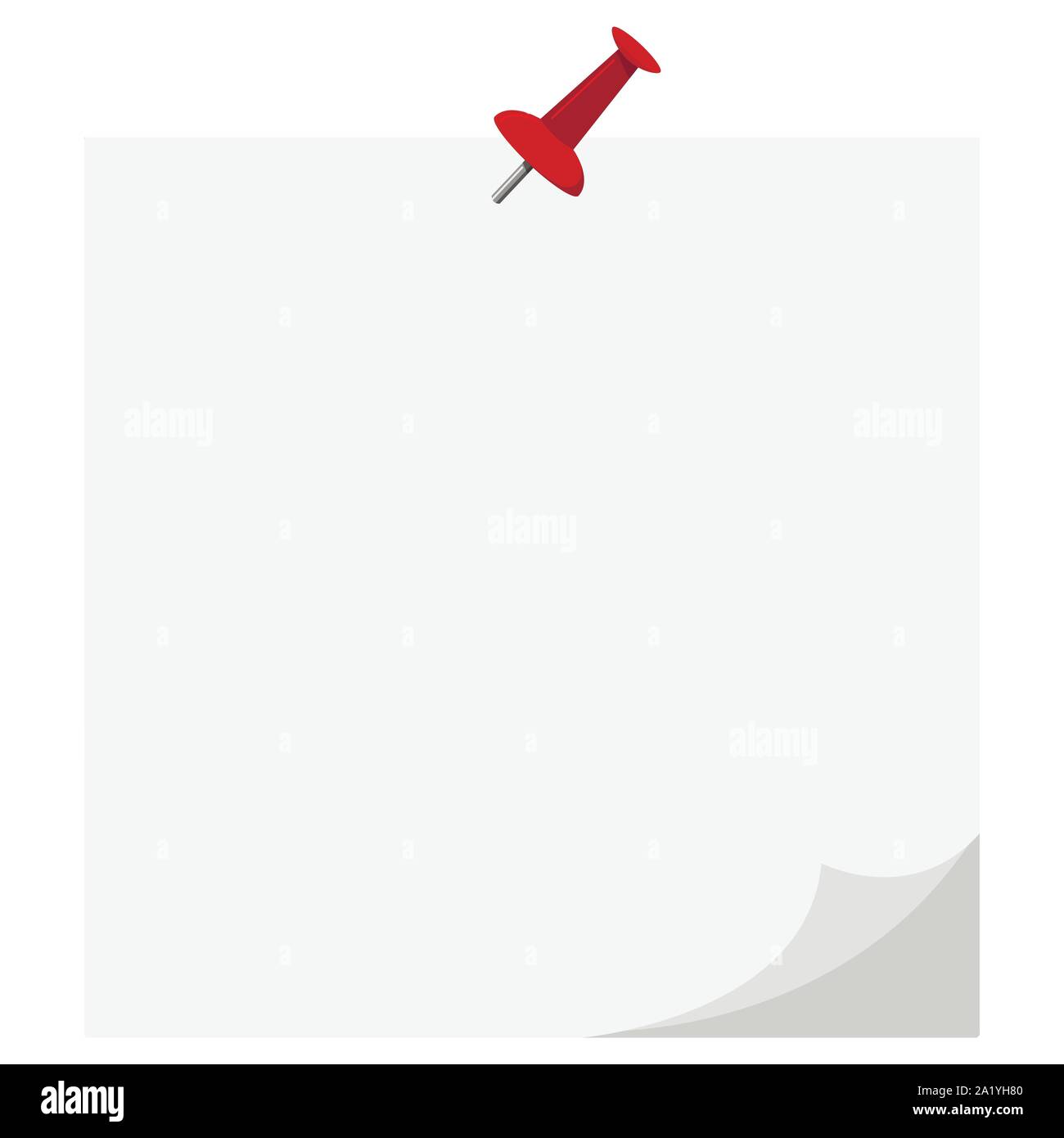 Design plat, vecteur de l'icône de papier blanc autocollant bouton-poussoir rouge punaisé coin courbé isolé sur fond blanc. Illustration de Vecteur