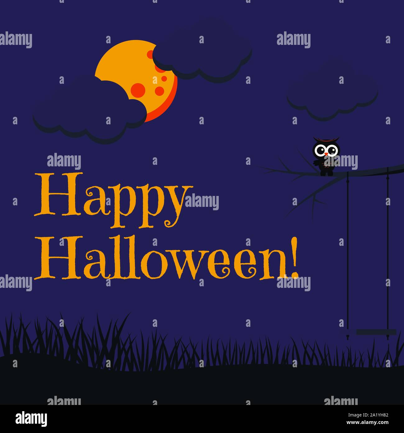 Beau cartoon style Happy Halloween black cute owl sitting on tree branch, pleine lune, nuages, swing, de l'herbe. Illustration de Vecteur