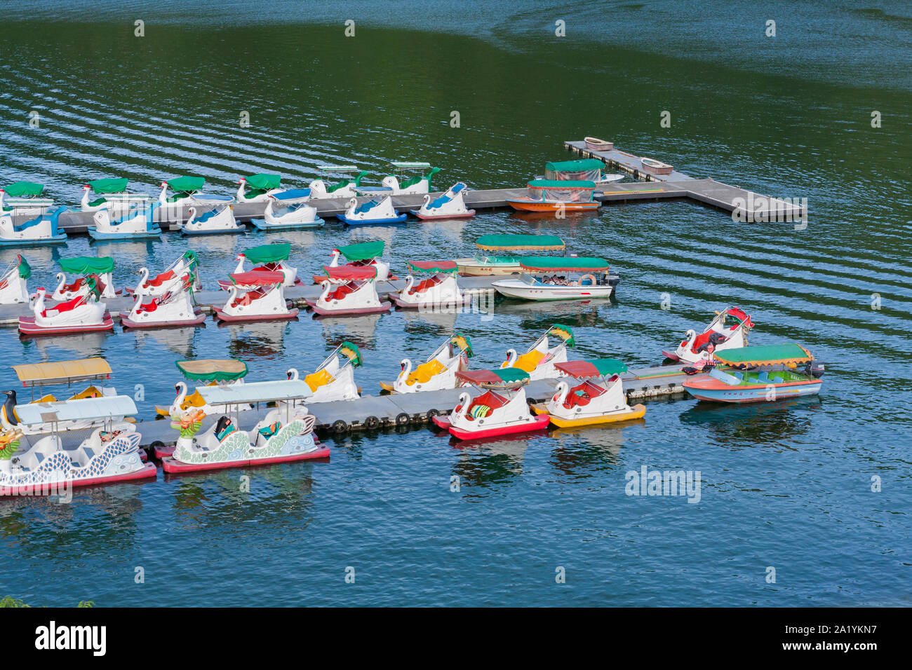 Swan paddle pédalos parking flottant à quai dans le lac Liyu (Carp Lake),  Shoufeng Township, comté de Hualien, Taiwan Photo Stock - Alamy