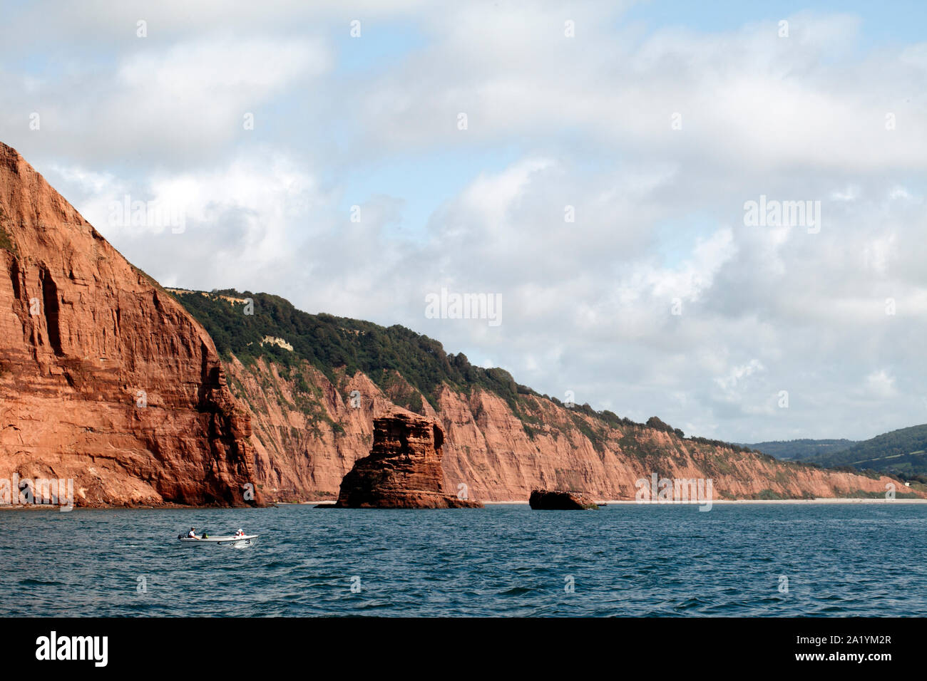 Hautes falaises de grès rouge sur la côte est du Devon. UK. Rock, strates, Banque D'Images