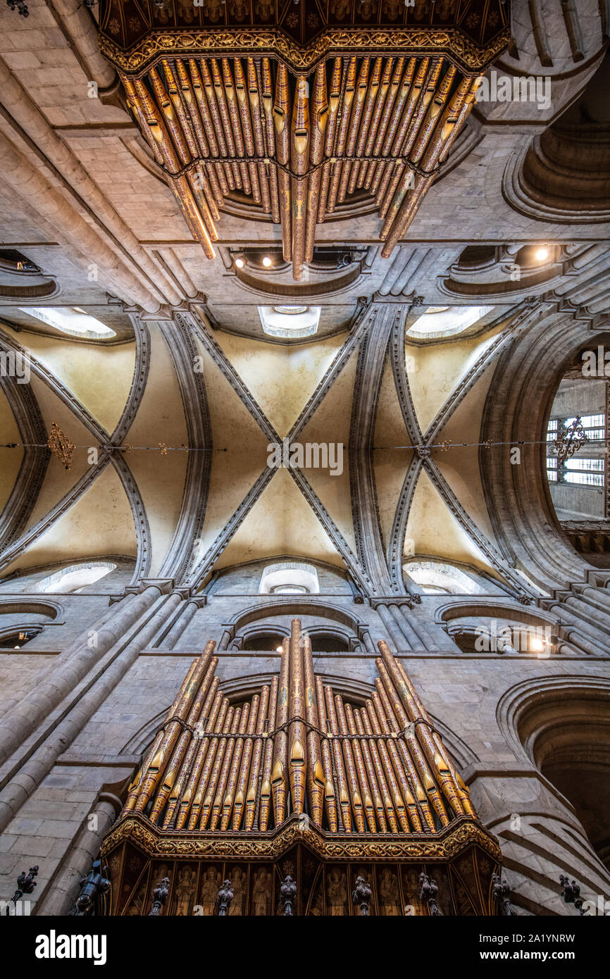 Du très grand organe dans la cathédrale de Durham, Durham, Royaume-Uni. Banque D'Images