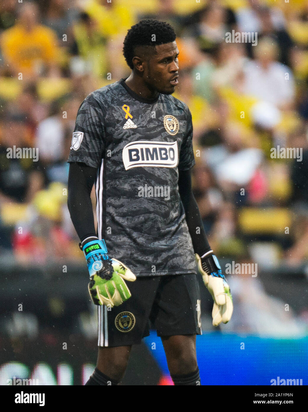 Columbus, Ohio, USA. 29 Septembre, 2019. L'Union de Philadelphie gardien Andre Blake (18) pendant le match contre Columbus Crew SC dans leur match à Mapfre Stadium. Credit : Brent Clark/Alamy Live News Banque D'Images