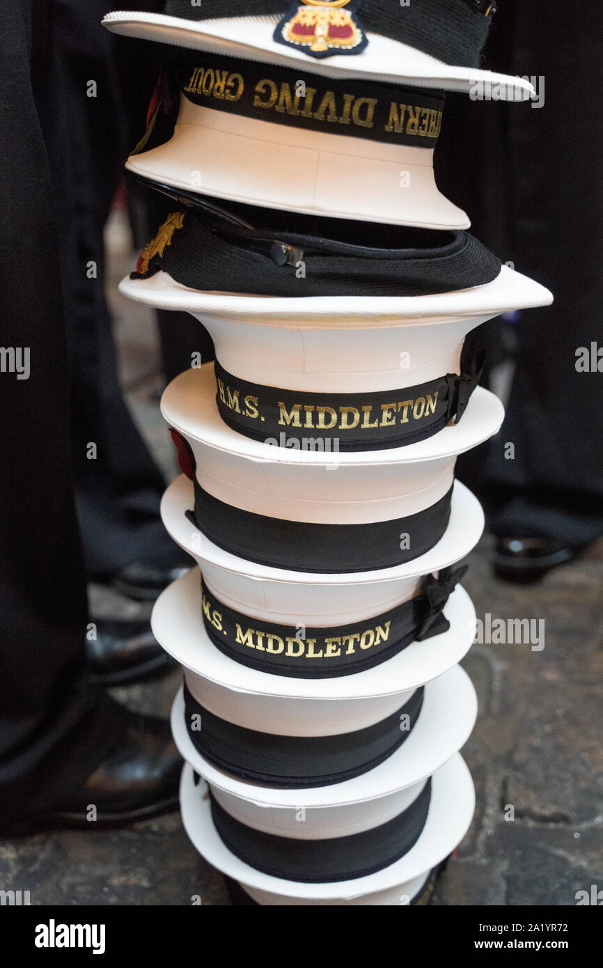 Le HMS Middleton cap tally comme portés par la Royal Navy Banque D'Images