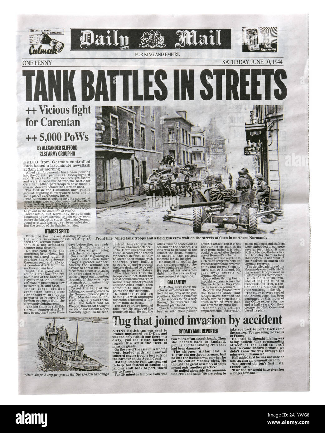 Une reproduction de la première page du Daily Mail du 10 juin 1944 avec les nouvelles sur l'invasion de la France après le D-Day. Banque D'Images