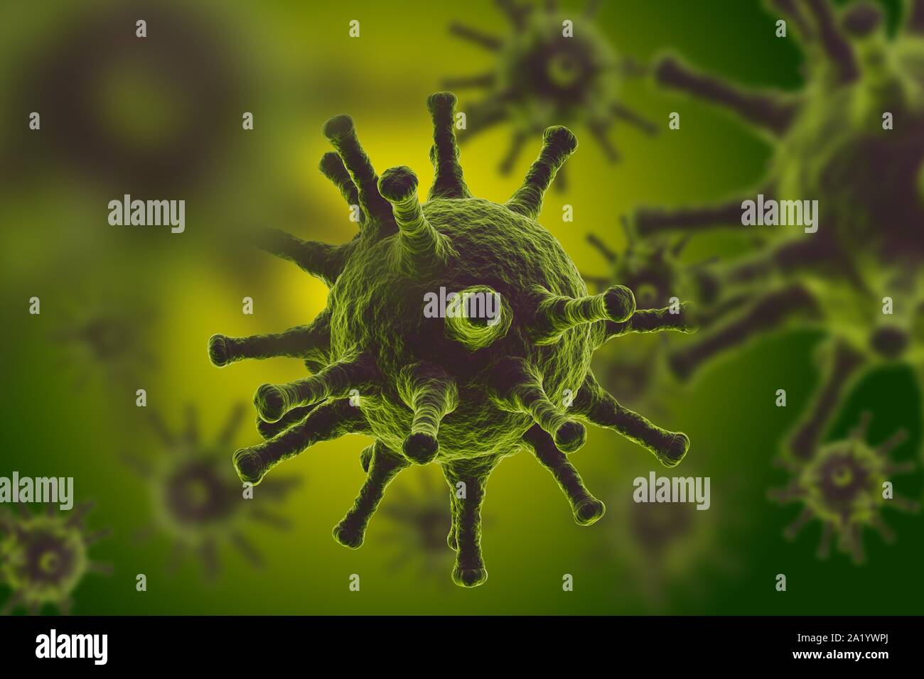 Vue macro microscopiques de virus dans le liquide vert ou d'une infection de grippe - concept de l'épidémie, 3D illustration Banque D'Images