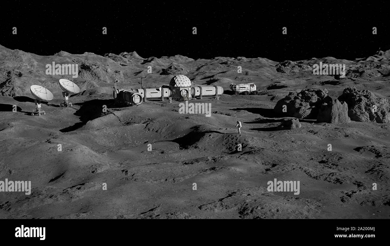 Astronaute sur la surface de la Lune, paysage lunaire avec une base permanente Banque D'Images