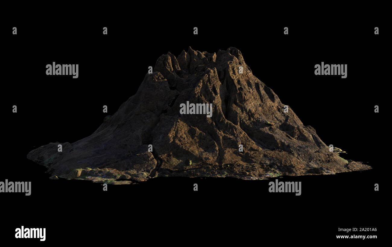 Volcan, modèle de montagne isolé sur fond noir Banque D'Images