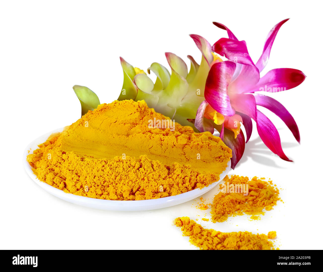 Poudre de curcuma avec flower isolated on white background Banque D'Images