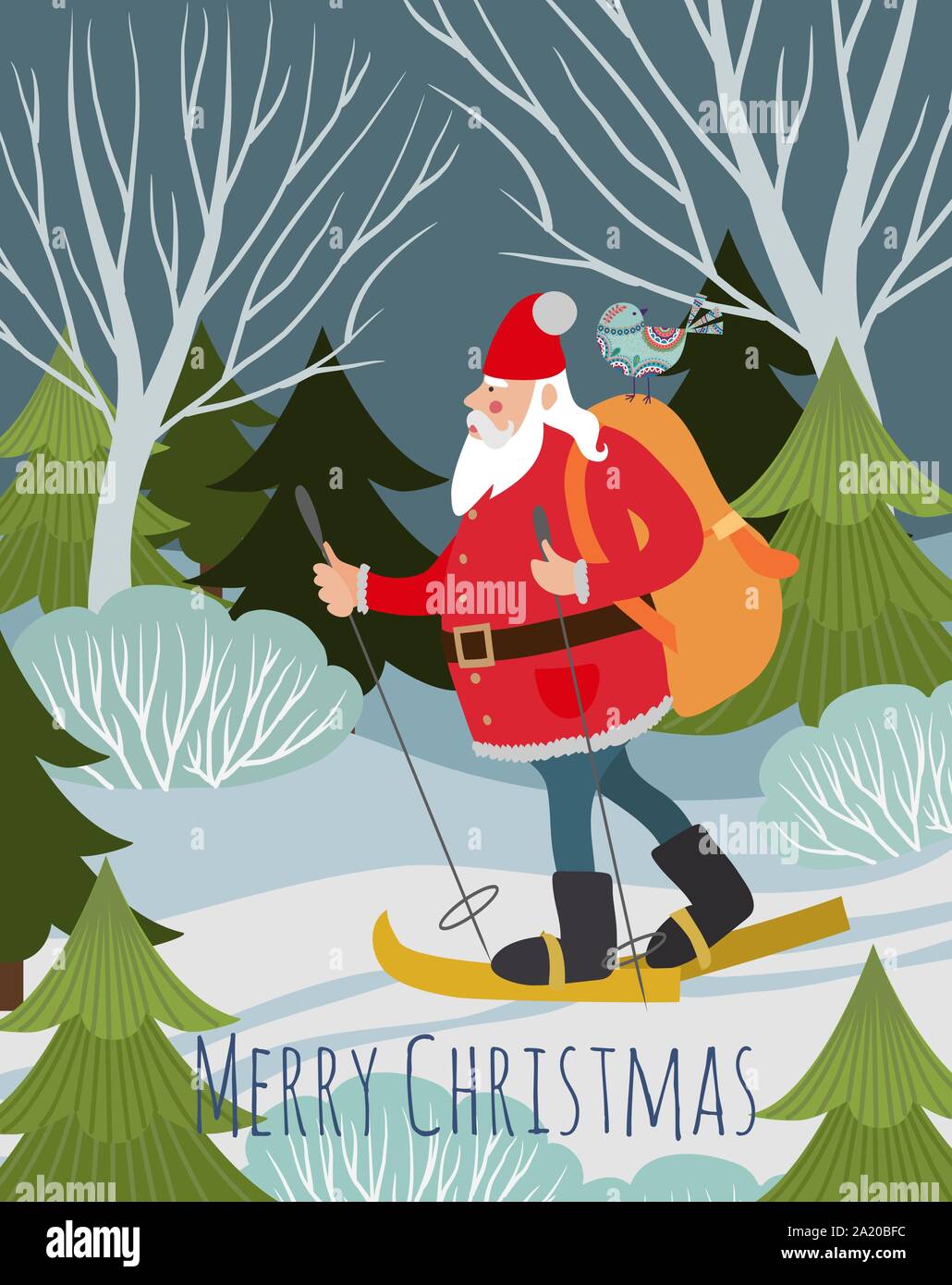 Joyeux Noël et Bonne Année, le Père Noël avec un cadeaux dans un sac à dos dans la forêt en ski sur la nature en hiver. Maison de vacances mignon vecteur Illustration de Vecteur