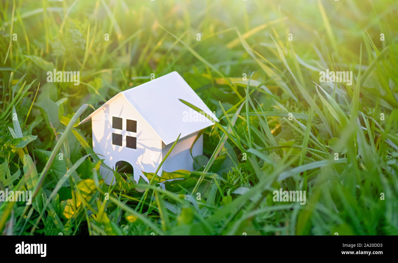 Jouet en bois maison sur un fond d'herbe verte. Eco-friendly house. Concept immobilier. Copier l'espace. Banque D'Images