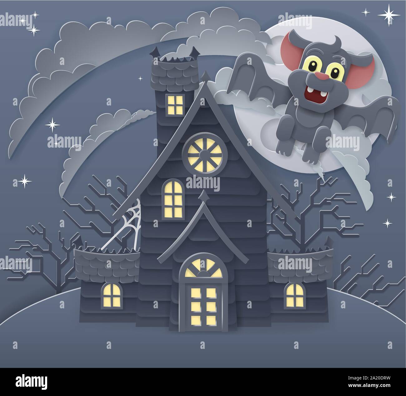 Halloween maison hantée et bat Scène Cartoon Illustration de Vecteur