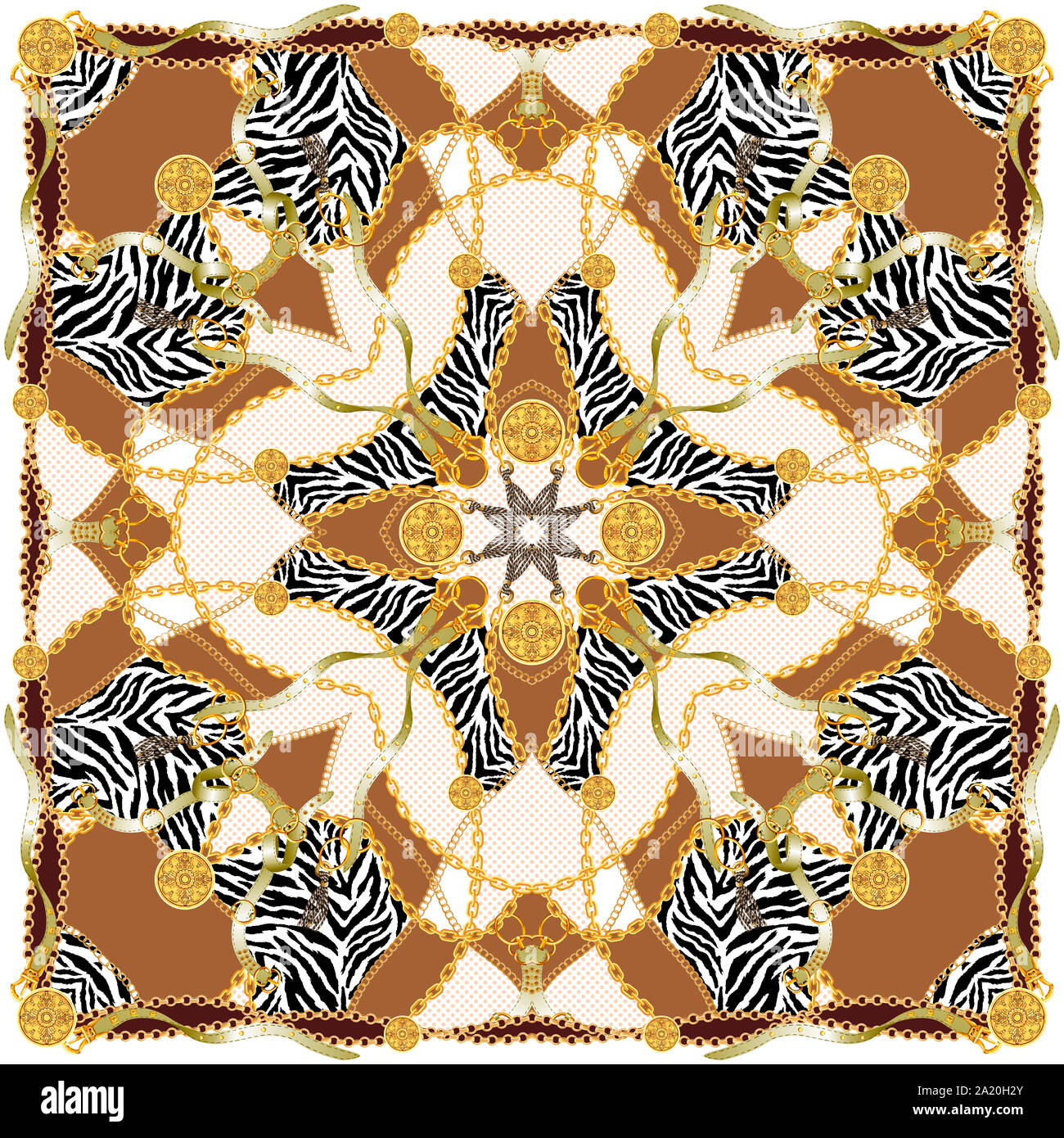 Mode, imprimé avec des chaînes en or, des ceintures et des zèbres. Modèle transparent avec des éléments vintage. La mode pour femmes, foulard moderne collection textile pour les impressions. Banque D'Images
