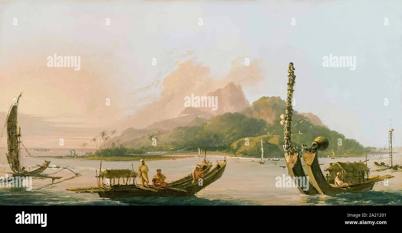 L'île de Otaheite [Tahiti] S. E. Un roulement lointain de la Ligue par William Hodges (1744-1797) qui a accompagné le capitaine James Cook sur son deuxième voyage (1772-1775) à l'océan Pacifique, faire des croquis et peintures sur l'emplacement. Cette huile peinture représente les bateaux traditionnels et de l'île de Tahiti peu après l'arrivée de Cook. Banque D'Images