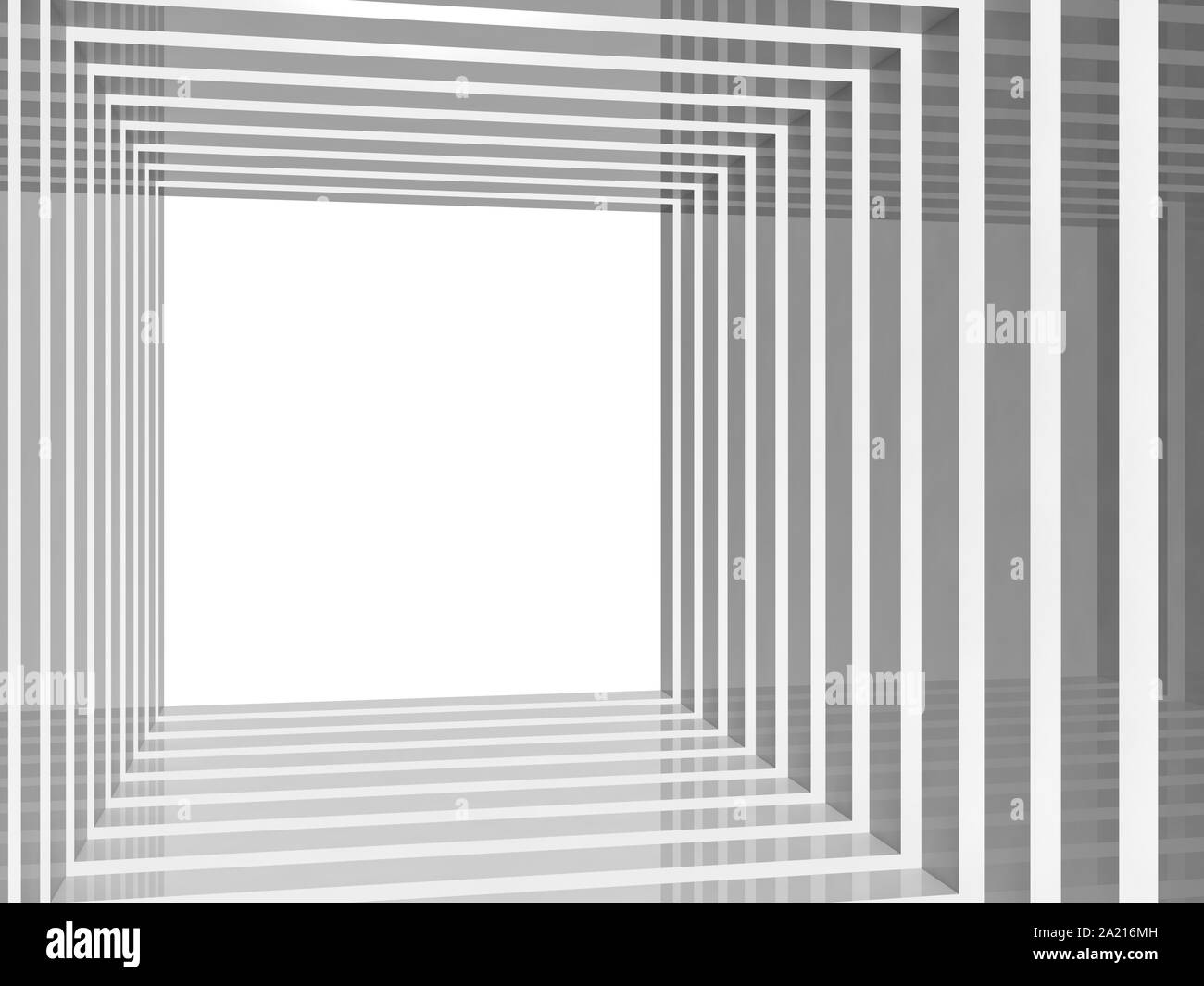 Tunnel en forme de carrés vides perspective avec copie espace blanc à la sortie, zone numérique abstrait arrière-plan graphique, rendu 3d illustration Banque D'Images