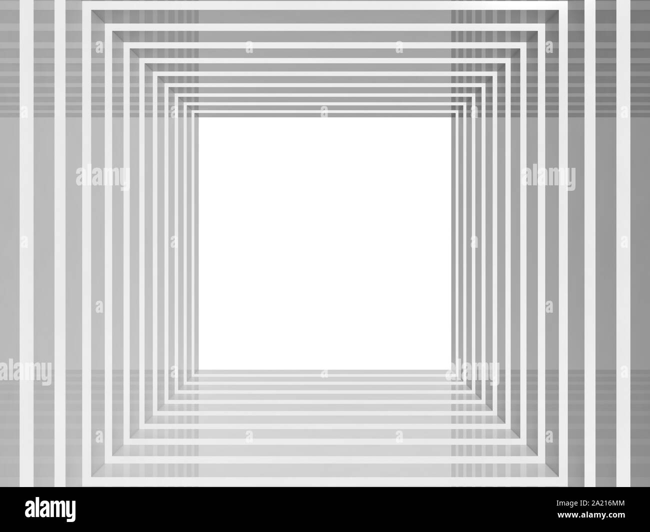 Brillant blanc tunnel carré blanc avec copie espace salon à la sortie, résumé fond graphique numérique, rendu 3d illustration Banque D'Images