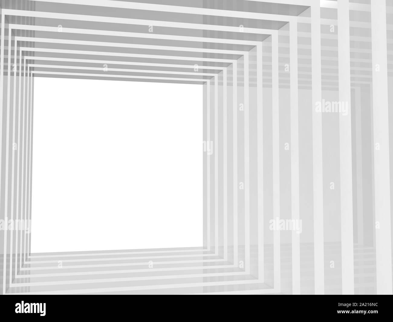Tunnel carré brillant vide, vue en perspective avec l'exemplaire blanc zone de l'espace à la sortie, résumé fond graphique numérique, rendu 3d illustration Banque D'Images